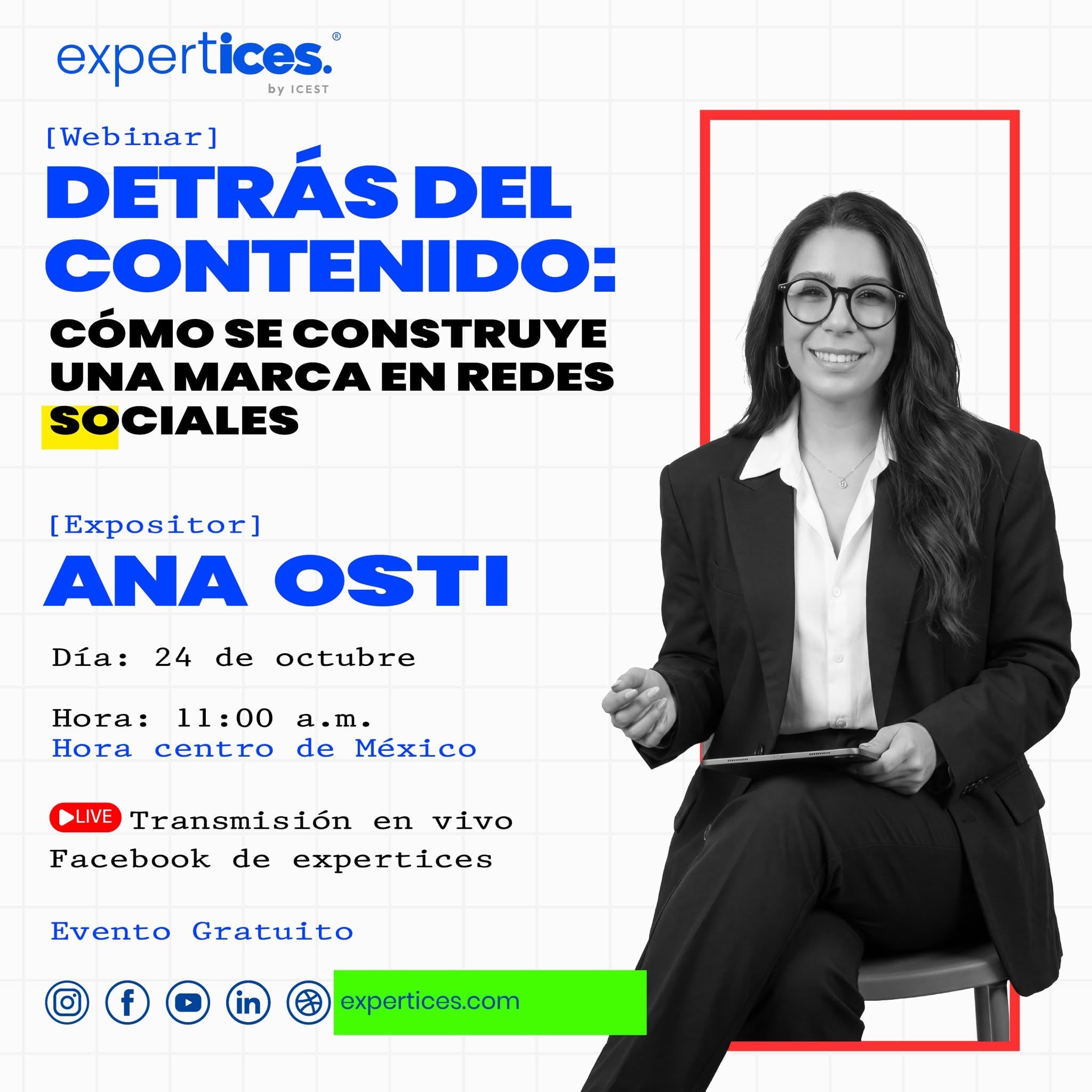 Cartel del webinar Detrás del contenido: cómo se construye una marca en redes sociales, con Ana Osti